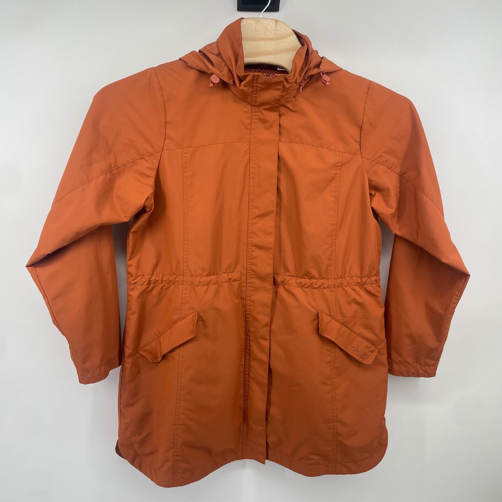 Orvis Rain Jacket Mens L Orange Hooded Full Zip Mesh Lined Recycled Polyester